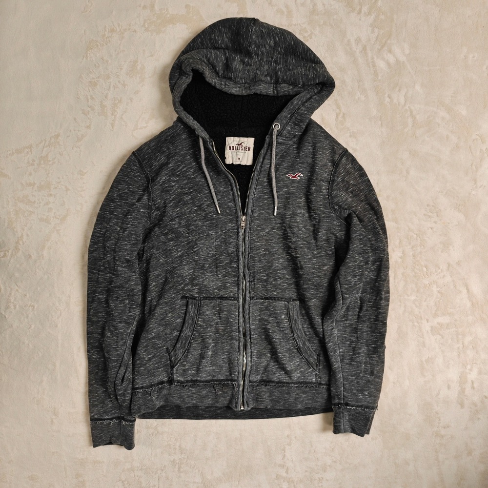 Hollister Mens Medium Grey Space Dye Sherpa Lined Full Zip Hoodie Y2K Logo